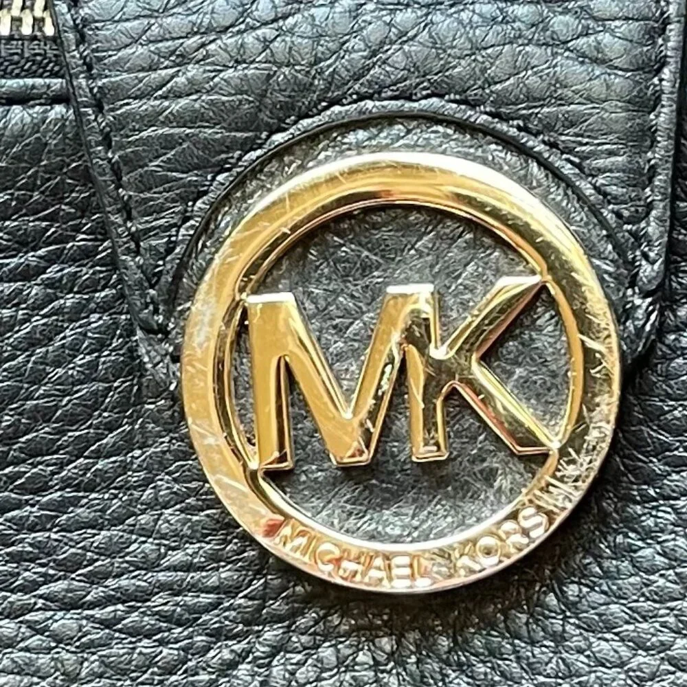 Michael Kors Black Leather Accordion Crossbody Wallet Bag Gold MK Logo
